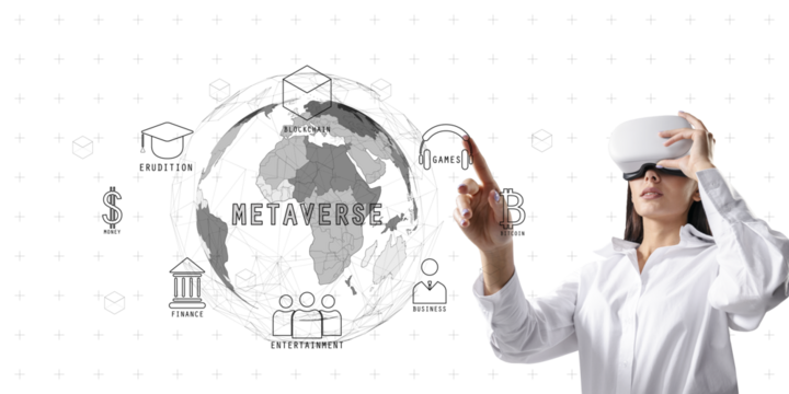 Woman wearing VR headset, interacting with virtual metaverse icons like blockchain, games, and finance. White background, tech concept - Powered by Adobe