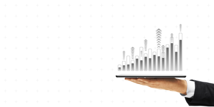 Businessperson's hand holding tablet with bar chart and upward arrows icon on white background. Concept of finance, investing, trading, fintech - Powered by Adobe