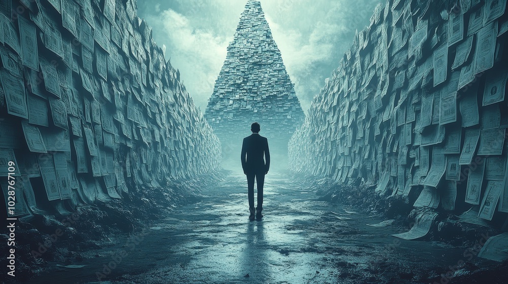 Canvas Prints A man walks through a tunnel with a large pyramid in the background