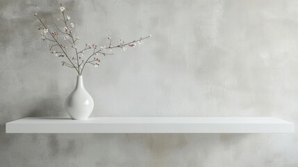 Obraz premium White Shelf with a Vase of Blooming Branches Against a Textured Wall