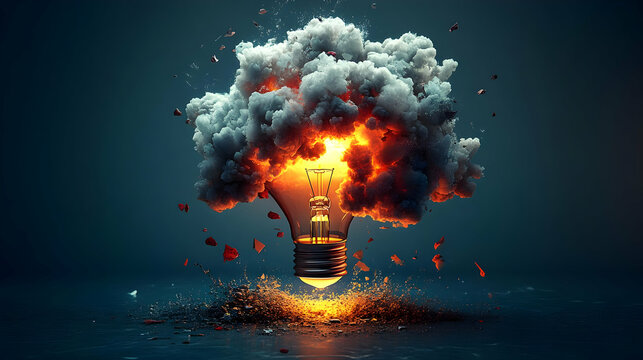 A light bulb surrounded by explosive clouds and debris.