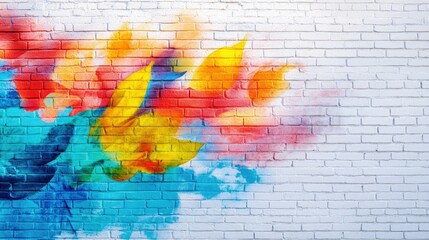 An expressive title graffiti on a clean white brick wall, designed with vibrant colors, leaving space for additional creative elements.