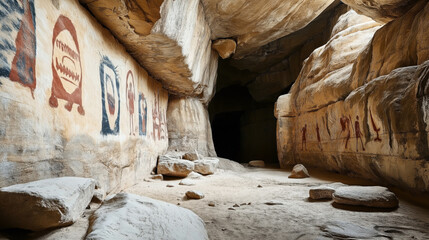Ancient cave with rock art and petroglyphs on stone walls, depicting figures and symbols in a natural rocky environment.