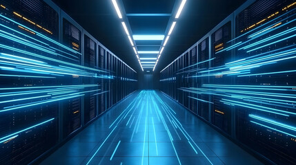 Futuristic data center corridor with glowing lines of light.