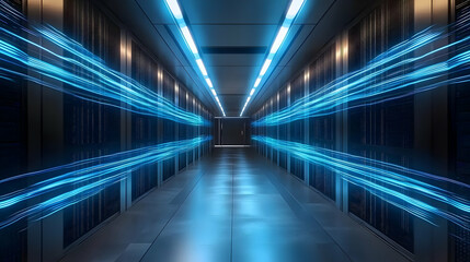 Futuristic data center corridor with glowing blue lights.