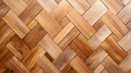 Close-up view of wooden parquet flooring with a herringbone pattern in various shades of brown.