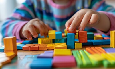 Fototapeta premium Little kid playing with colorful building blocks