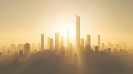 Fototapeta premium Polluted City: A Stark Image of Urban Smog engulfing the Skyline, Highlighting Environmental Impacts of Industrial Pollution and Vehicle Emissions, Detailed Cinematic Lighting