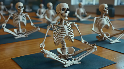 A group of skeletons relaxes in a yoga studio, each sitting in a meditative pose on yoga mats, highlighting a unique and humorous take on wellness