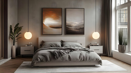 Modern bedroom with artwork, soft bedding, and ambient lighting.