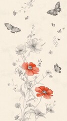 Naklejka premium A vertical floral arrangement with orange and grey butterflies, and grey flowers on a white background.
