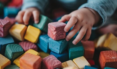 Fototapeta premium Little kid playing with colorful building blocks