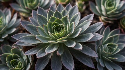 Fototapeta premium Green and gray succulent plant with intricate spiral patterns and layers of leaves