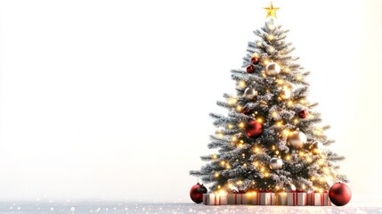 decorated christmas tree with light and gifts isolated on white