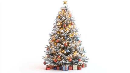 snowy decorated christmas tree isolated on white with gifts