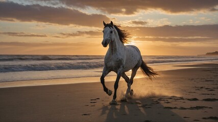 Fototapeta premium White horse running on beach at sunset, with horse's mane blowing in wind and its hooves leaving prints in sand