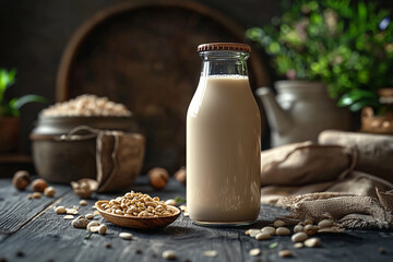 Freshly poured milk in a rustic setting with nuts and grains