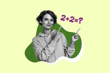 Composite photo collage of happy girl academic show index finger math example subject education...