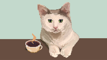 serious cute white cat with gray ears looking at camera, there is a mug of coffee on the table. harmonious colors. pink nose and green eyes. pixel art, retro 8-bit