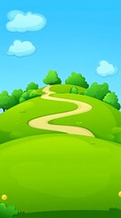 Fototapeta premium A winding path leads up a grassy hill under a blue sky with fluffy clouds.