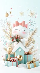 A delightful cartoon cat with pink cheeks and a pink bow, dressed in vintage style