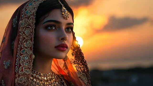 A woman wearing a beautiful veil and jewelry gazes at the sunset