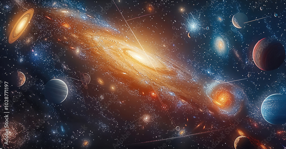 Aufkleber Multiple stellar systems in the Milky Way, each with its own stars and planets. Some stars are red, others blue, with planets of different sizes orbiting them. galaxies full of celestial objects.