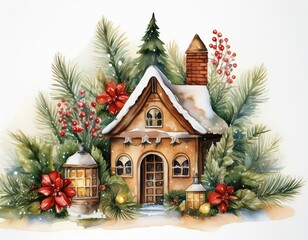 House with a chimney and a red roof. The house is surrounded by trees and has a red potted plant in front of it