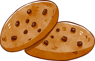 cute two chocolate chip cookies, hand-drawn watercolor illustration