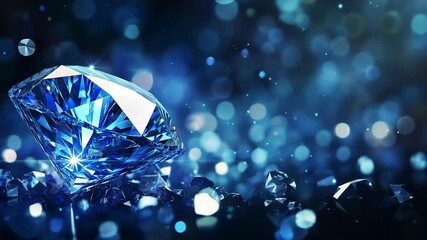 A large, blue diamond sits on a pile of smaller diamonds, sparkling against a blue background