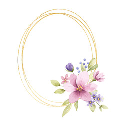 Flowers gold wreath. Watercolor hand painting floral golden border with place for text, with bouquet. Isolated on white background.	