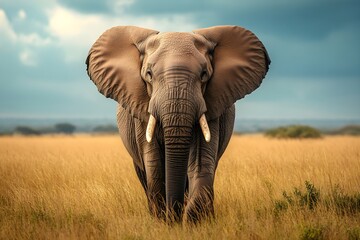 Saving Elephants: Wild Elephant in its Natural Environment A majestic elephant roaming in a savanna-like landscape surrounded by green trees and bushes.