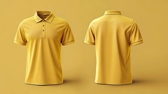 A yellow polo shirt is shown from both the front and back on a yellow background