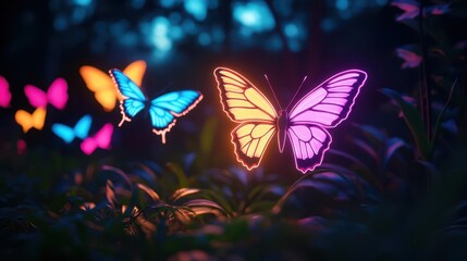 Neon Butterflies in Night Forest
