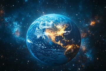 Planet Earth seen from space with shimmering stars, galaxies and cosmic dust clouds. The topic of environmental protection.