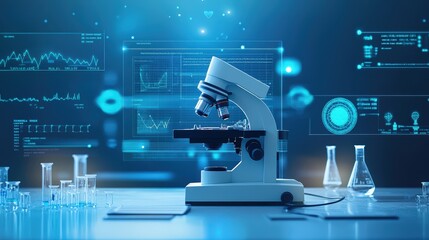 A modern flyer design featuring a blue health science laboratory background