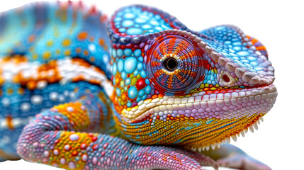 Obraz premium A vibrant colored chameleon cut out in PNG format, showcasing its stunning hues and intricate details. Perfect for adding a splash of color and character to digital designs, artwork, or creative