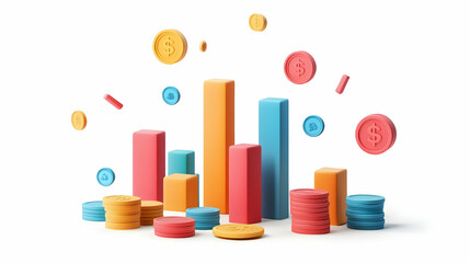 3D Floating Bar Graph with Coins - Isolated Vector for Financial Analysis and Business Growth on Clean White Background