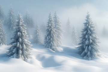 Naklejka premium Snow-covered pine trees in a misty winter landscape during daytime