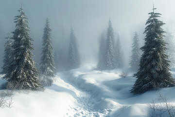 Obraz premium Snow-covered forest path in misty winter landscape at dawn
