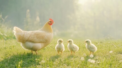 Fototapeta premium Mother Hen and Chicks in Sunny Field