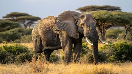 Fototapeta premium Saving Elephants: Wild Elephant in its Natural Environment A majestic elephant roaming in a savanna-like landscape surrounded by green trees and bushes.