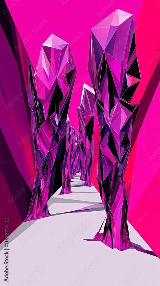 Wall mural Abstract geometric shapes in a pink and purple hallway.