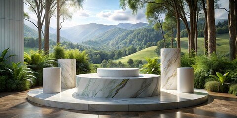 Obraz premium Marble podium for product display with natural landscape