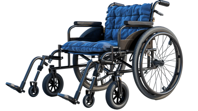 A clean cut-out of a wheelchair in PNG format, showcasing its design and functionality. Perfect for health-related projects, accessibility awareness campaigns, and educational materials.