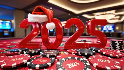 Christmas casino-themed 3D illustration of red "2025" numbers, with a Santa hat on one, set on a poker table with casino chips. Perfect for festive and holiday design projects with a gaming twist.