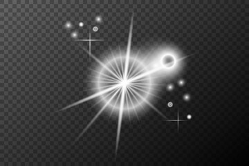 Light effect, Isolated white transparent flare explosion sparkle dust line solar flare spark star spotlight, vector special effect