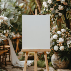 A blank white welcome sign mockup, size is 24 by 36 inches in portrait orientation, on an easel during a wedding party.