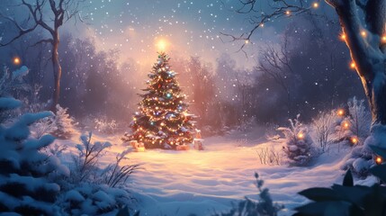 decorated christmas tree in the snow with lights