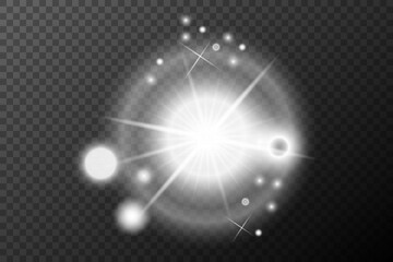 Fototapeta premium Light effect, Isolated white transparent flare explosion sparkle dust line solar flare spark star spotlight, vector special effect